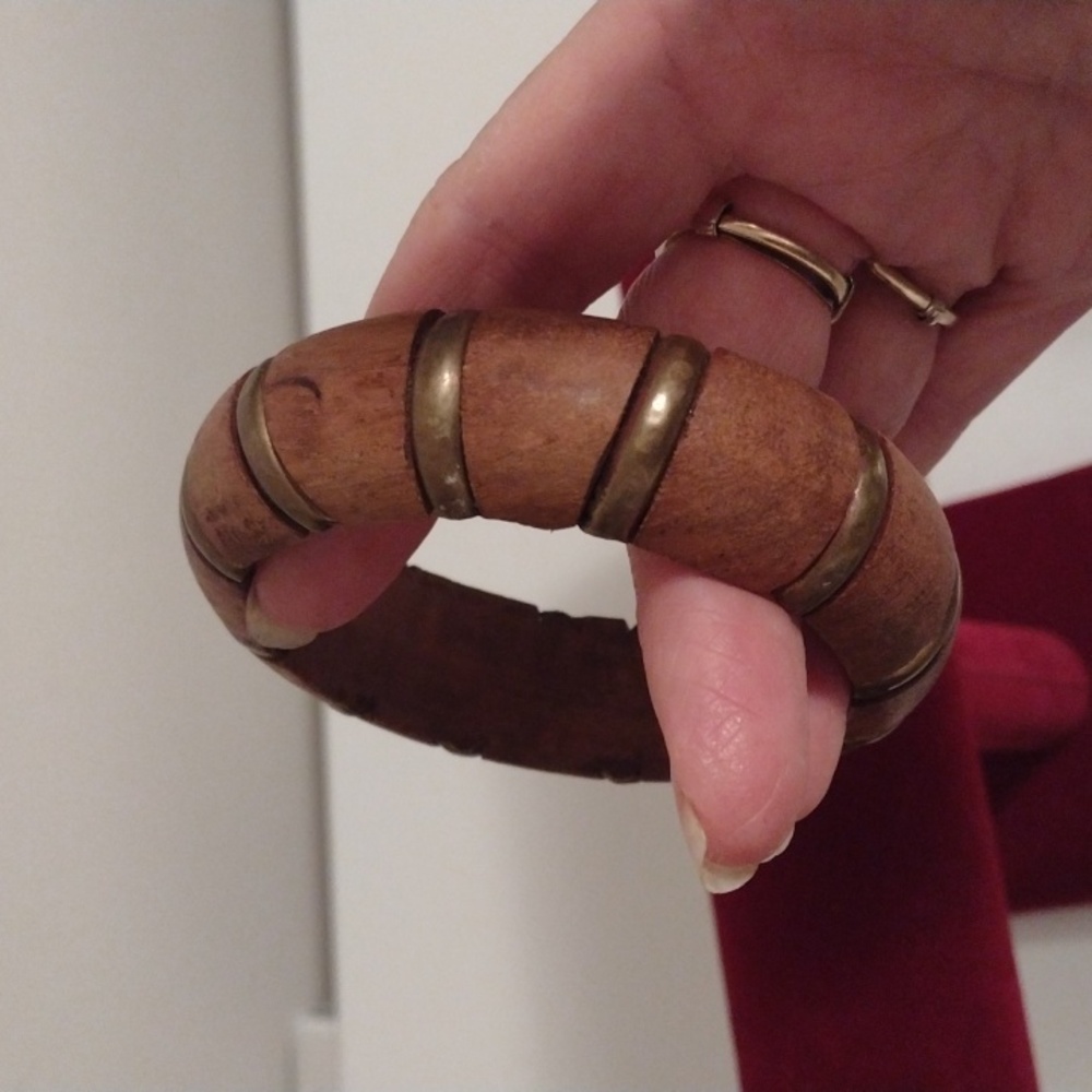Vintage carved wood and inlaid copper bangle bracelet made in India size 8 - Picture 3 of 6
